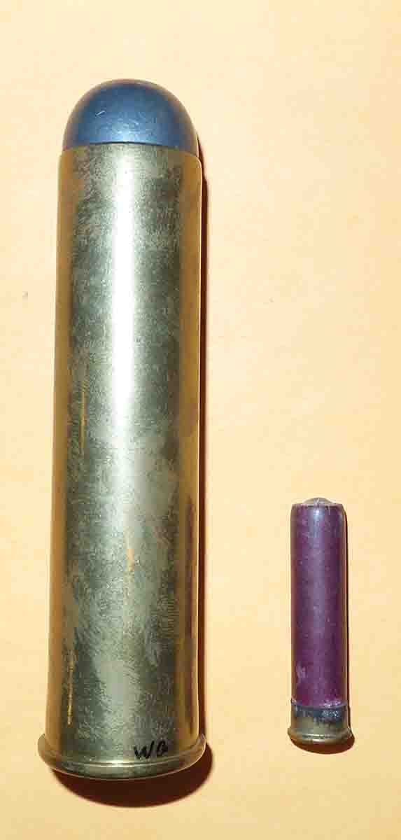 The largest and smallest English black-powder cartridges for double rifles. A 4-bore on the left, a .360 on the right.